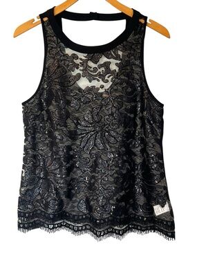 ASTR Sequin Floral Lace Sheer Tank Top Size XS Black Whimsigoth Dark Fairy